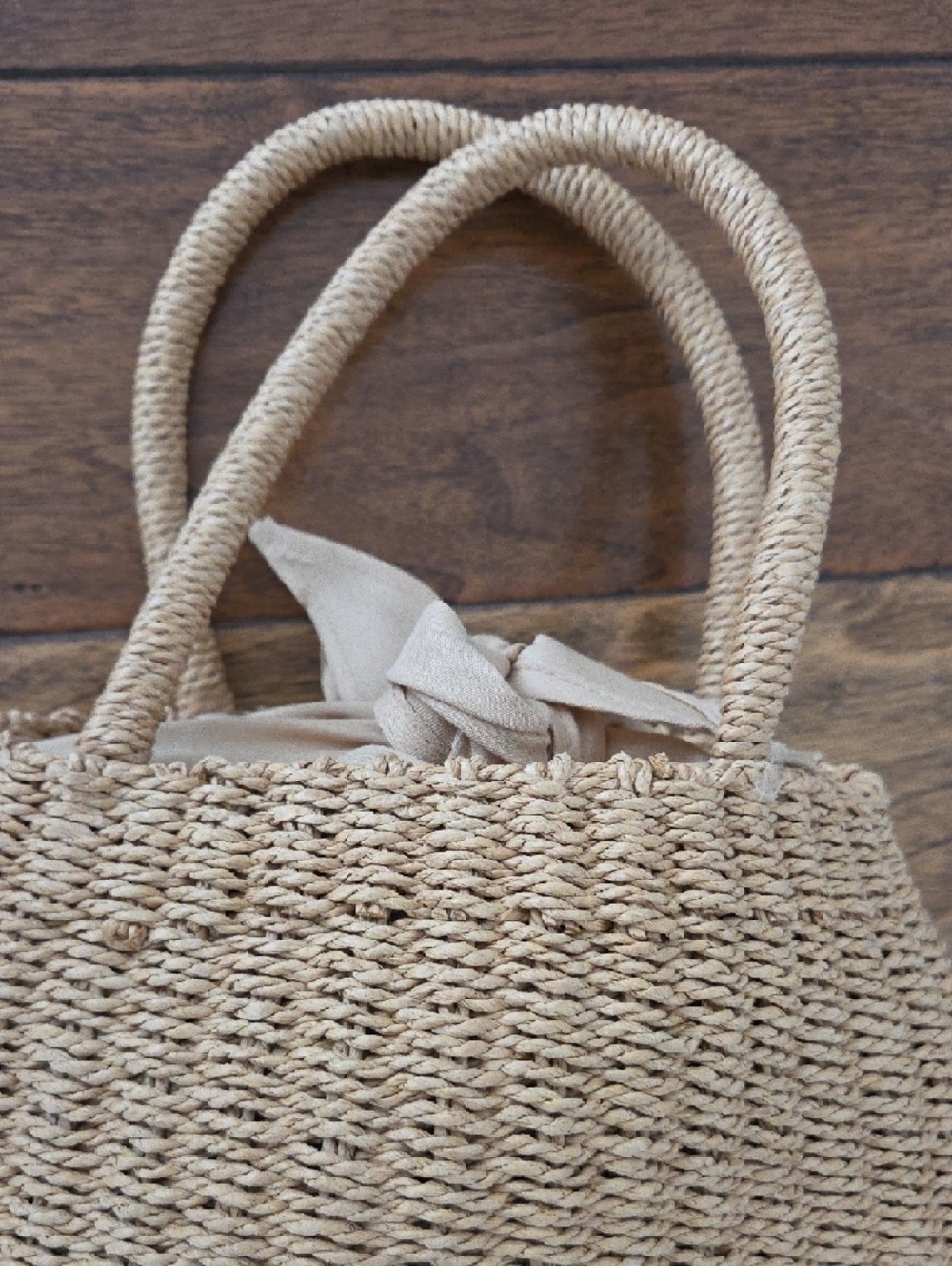 Handwoven Straw Smile Tote Bag - Beige with Black Accent - Picture 6 of 6